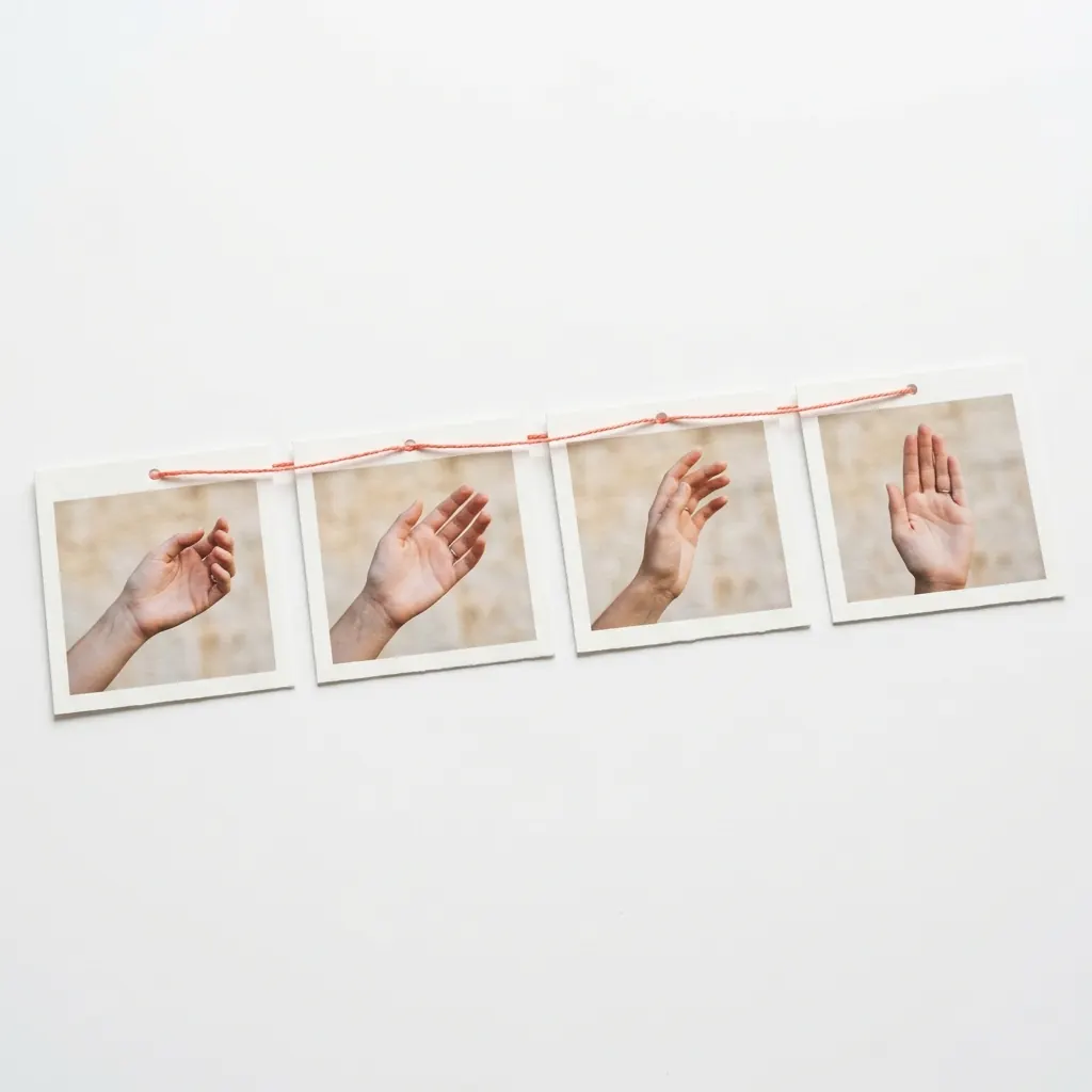 Four small physical prints showing changes in a hand gesture